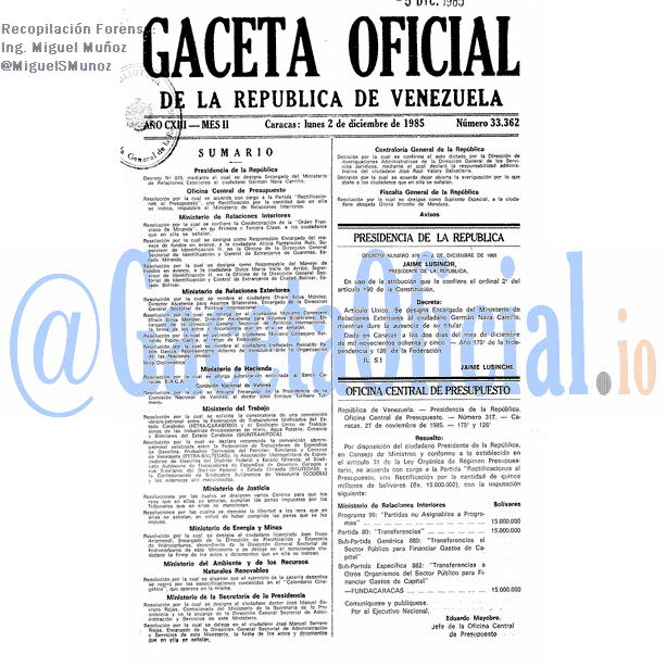 Gaceta Oficial 33362 del 2 Diciembre 1985