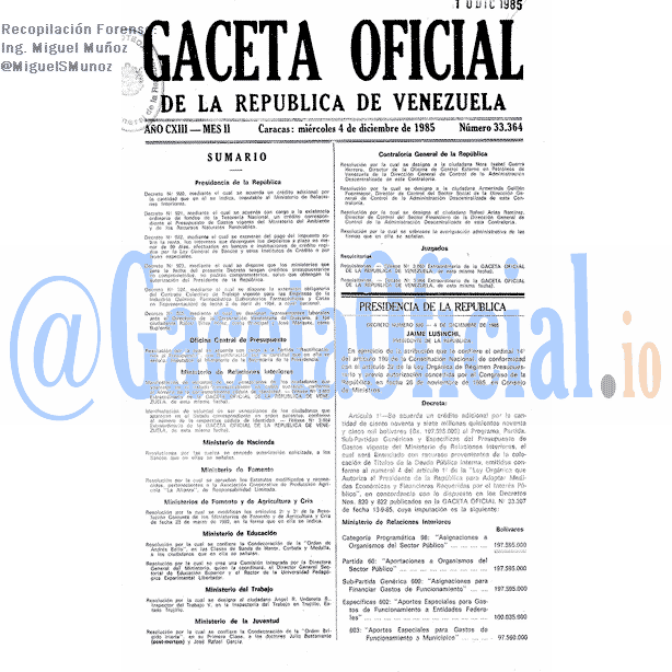 Gaceta Oficial 33364 del 4 Diciembre 1985