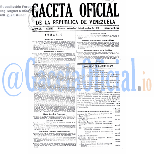 Gaceta Oficial 33369 del 11 Diciembre 1985