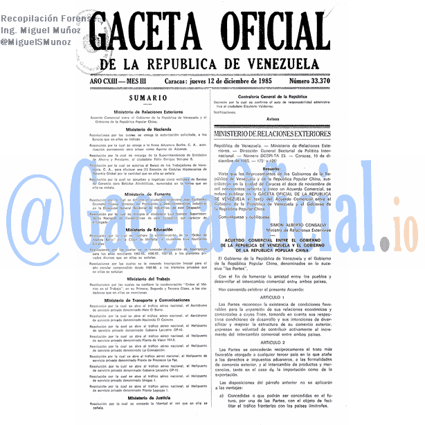 Gaceta Oficial 33370 del 12 Diciembre 1985