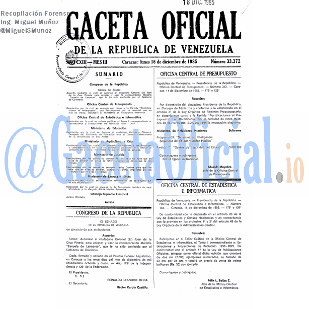 Gaceta Oficial 33372 del 16 Diciembre 1985