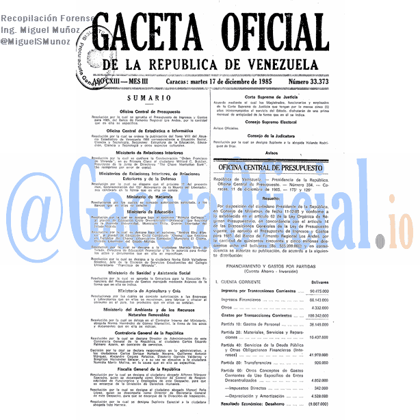 Gaceta Oficial 33373 del 17 Diciembre 1985