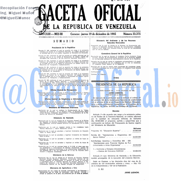 Gaceta Oficial 33375 del 19 Diciembre 1985