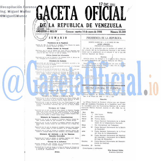 Gaceta Oficial 33389 del 14 Enero 1986