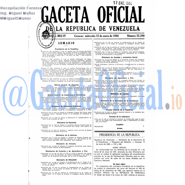 Gaceta Oficial 33390 del 15 Enero 1986