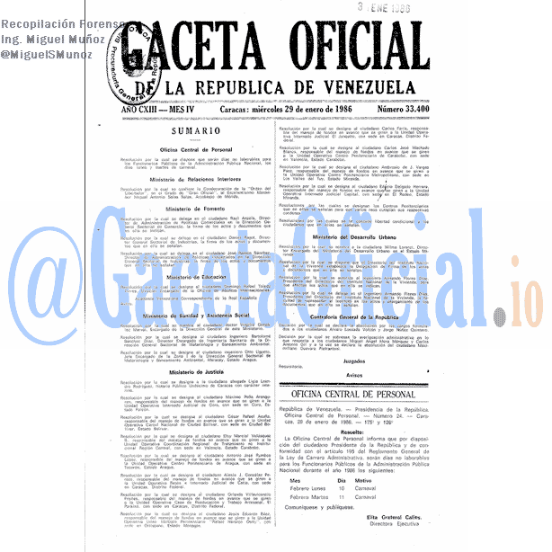 Gaceta Oficial 33400 del 29 Enero 1986