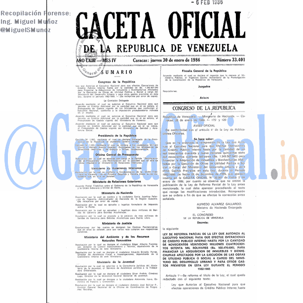 Gaceta Oficial 33401 del 30 Enero 1986