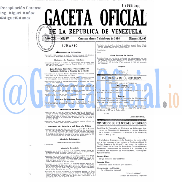 Gaceta Oficial 33407 del 7 Febrero 1986