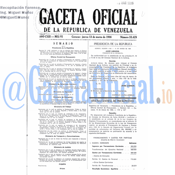 Gaceta Oficial 33429 del 13 Marzo 1986