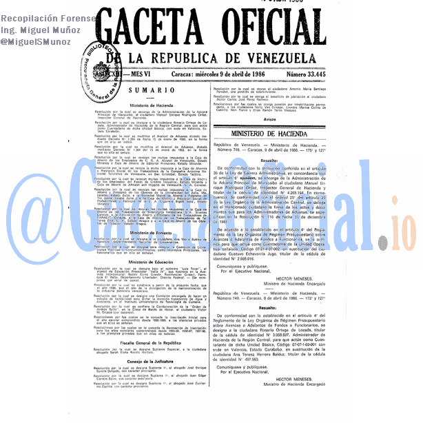 Gaceta Oficial 33445 del 9 Abril 1986