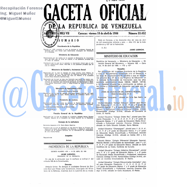 Gaceta Oficial 33452 del 18 Abril 1986
