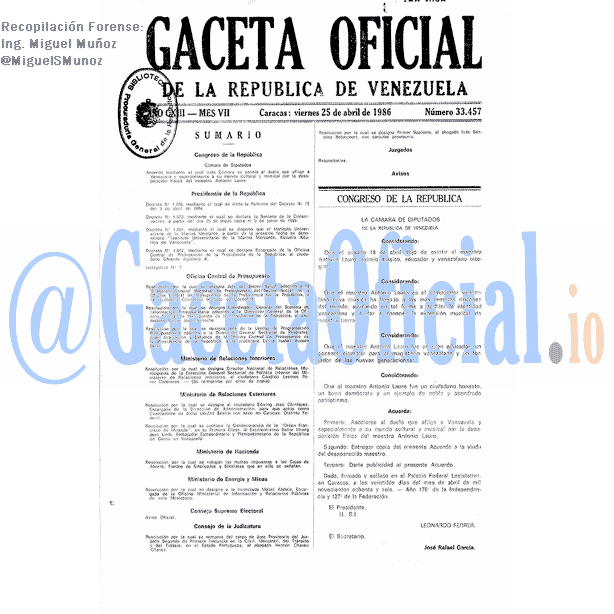 Gaceta Oficial 33457 del 25 Abril 1986