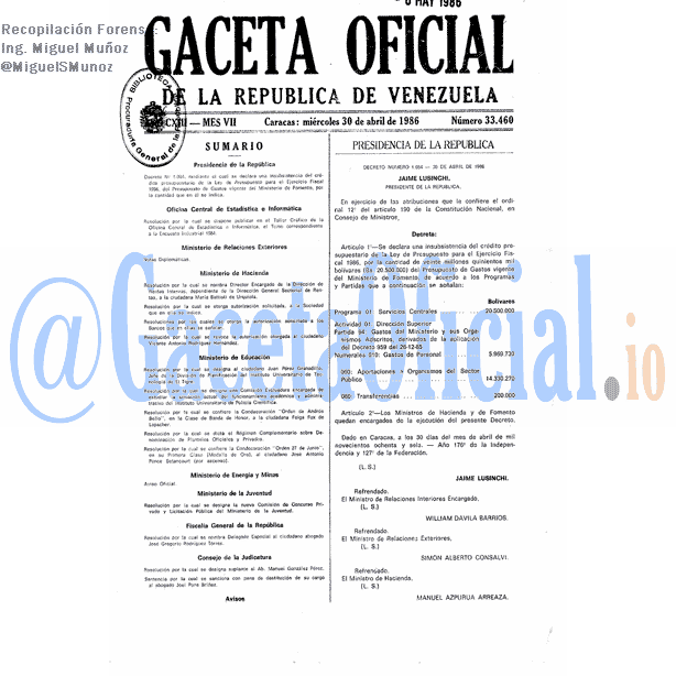 Gaceta Oficial 33460 del 30 Abril 1986