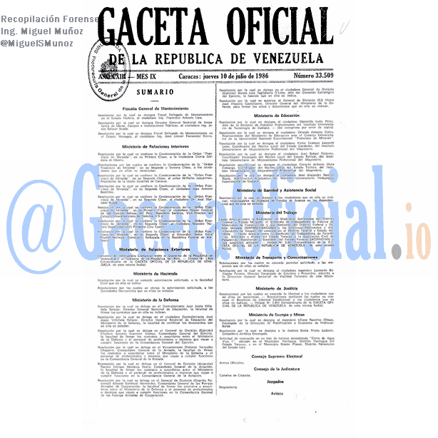 Gaceta Oficial 33509 del 10 Julio 1986