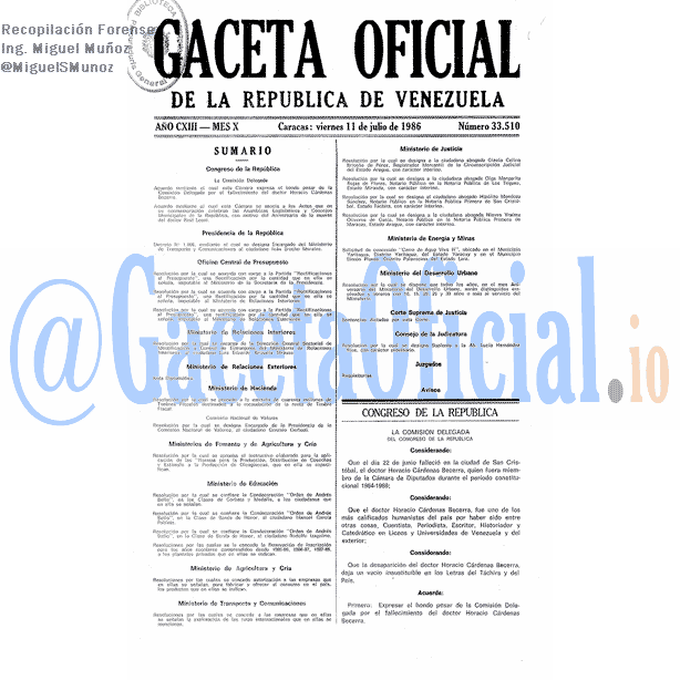 Gaceta Oficial 33510 del 11 Julio 1986