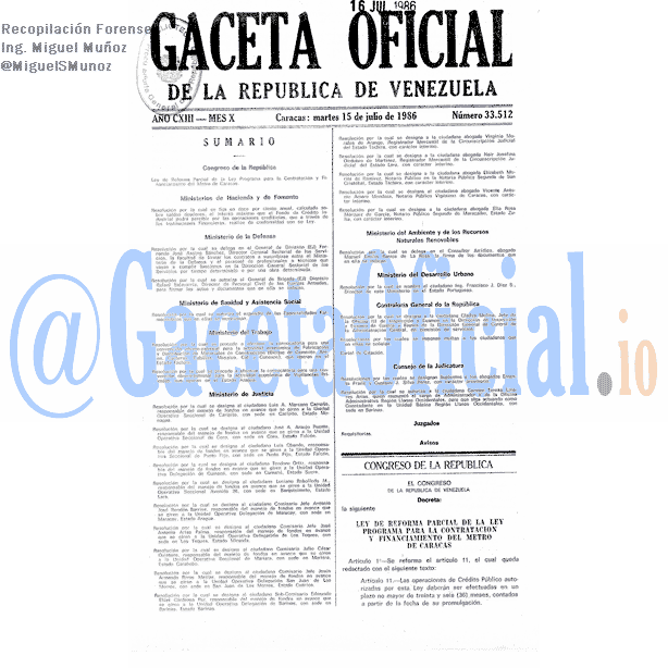 Gaceta Oficial 33512 del 15 Julio 1986