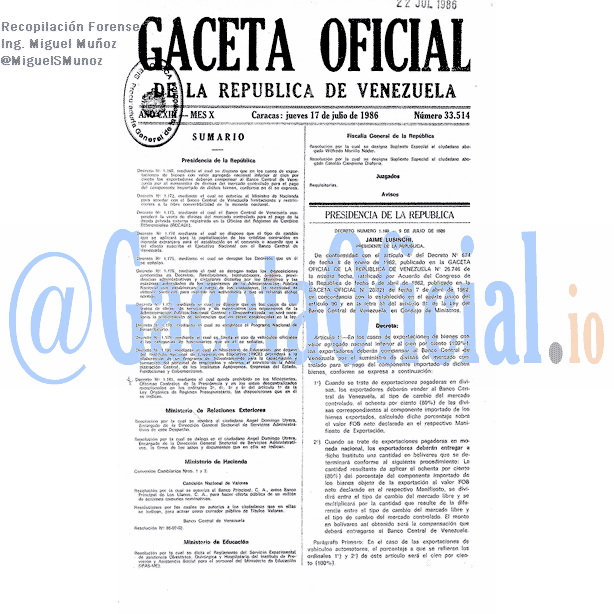 Gaceta Oficial 33514 del 17 Julio 1986
