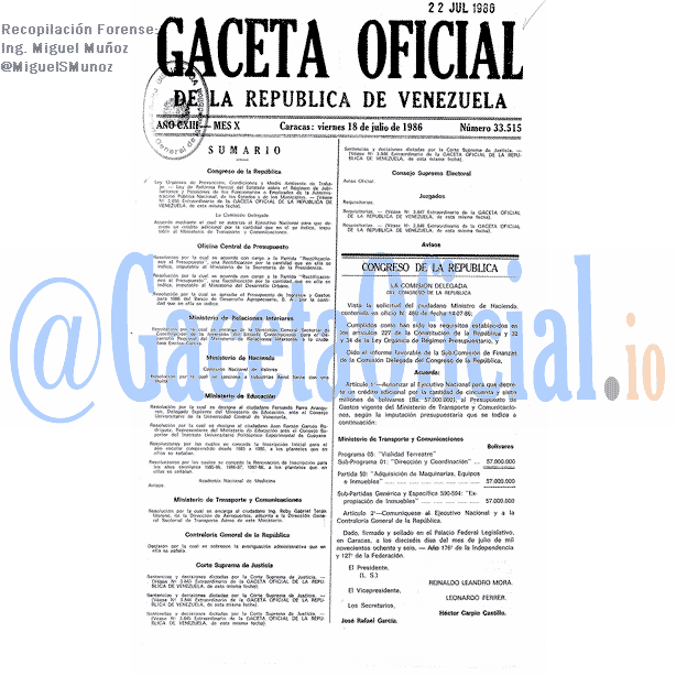 Gaceta Oficial 33515 del 18 Julio 1986
