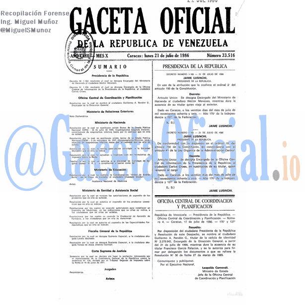 Gaceta Oficial 33516 del 21 Julio 1986