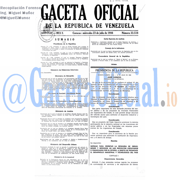 Gaceta Oficial 33518 del 23 Julio 1986