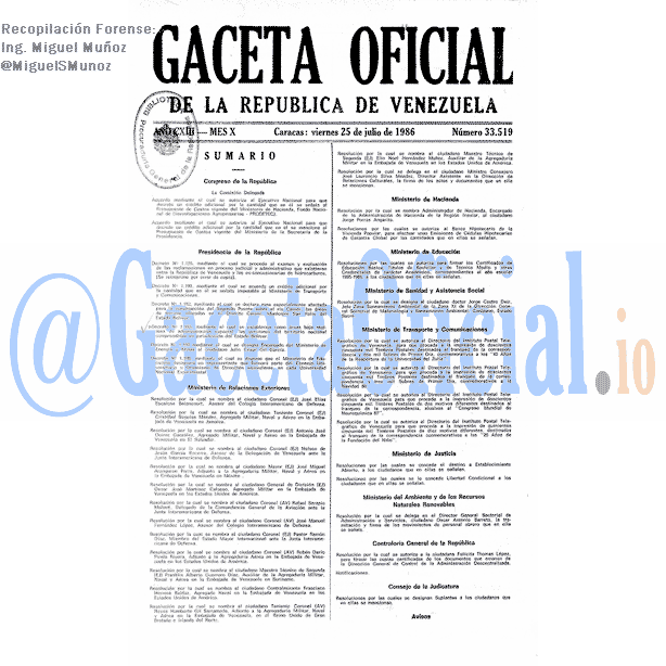 Gaceta Oficial 33519 del 25 Julio 1986