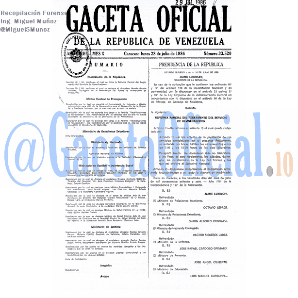 Gaceta Oficial 33520 del 28 Julio 1986