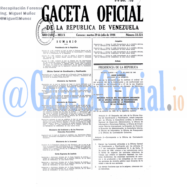 Gaceta Oficial 33521 del 29 Julio 1986