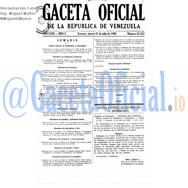 Gaceta Oficial 33523 del 31 Julio 1986