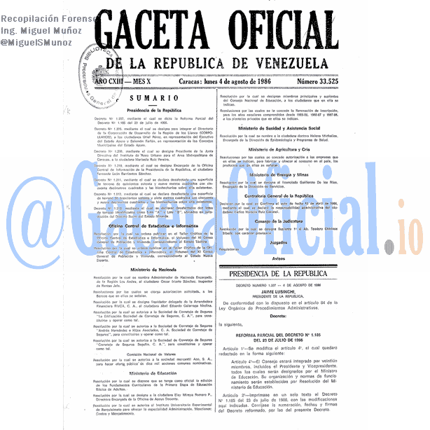 Gaceta Oficial 33525 del 4 Agosto 1986