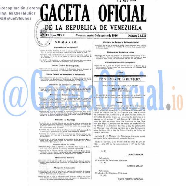 Gaceta Oficial 33526 del 5 Agosto 1986