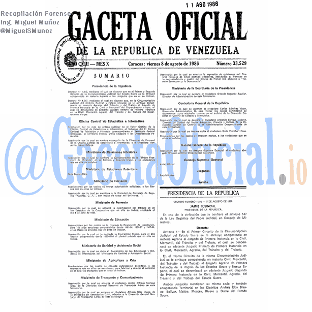 Gaceta Oficial 33529 del 8 Agosto 1986