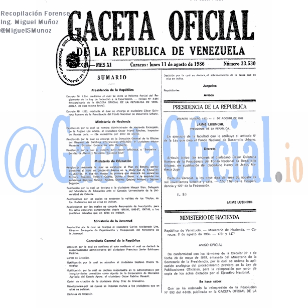 Gaceta Oficial 33530 del 11 Agosto 1986