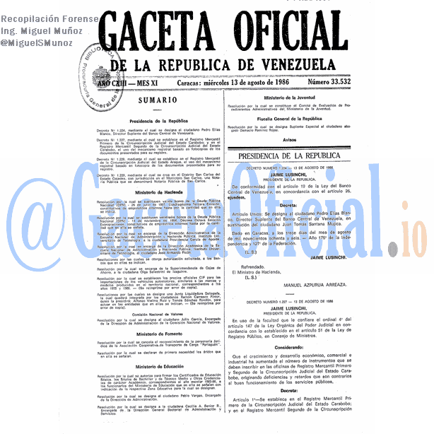 Gaceta Oficial 33532 del 13 Agosto 1986