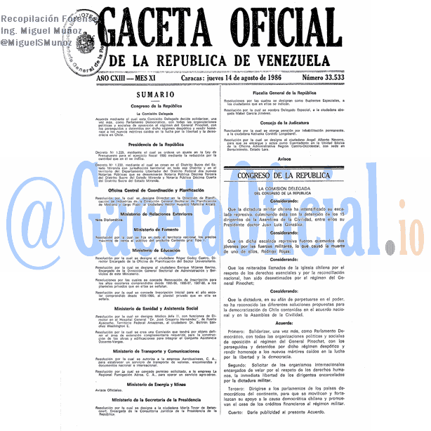 Gaceta Oficial 33533 del 14 Agosto 1986