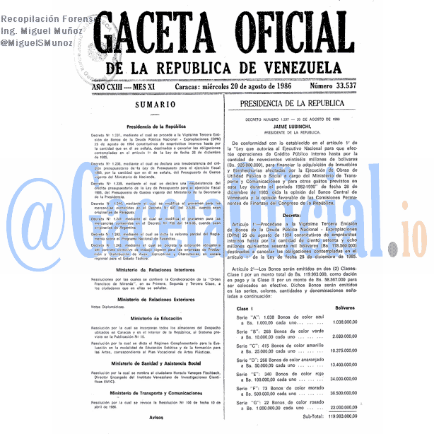 Gaceta Oficial 33537 del 20 Agosto 1986
