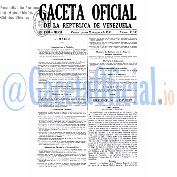 Gaceta Oficial 33538 del 21 Agosto 1986