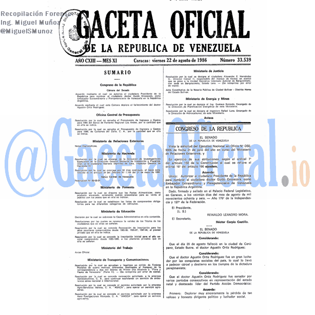 Gaceta Oficial 33539 del 22 Agosto 1986