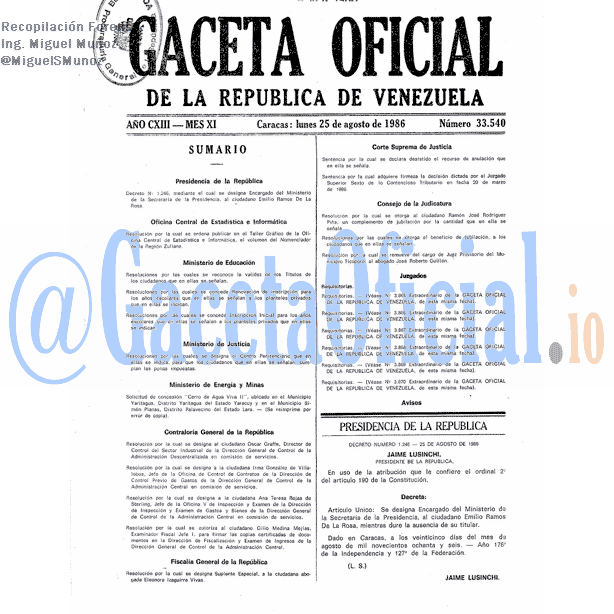 Gaceta Oficial 33540 del 25 Agosto 1986