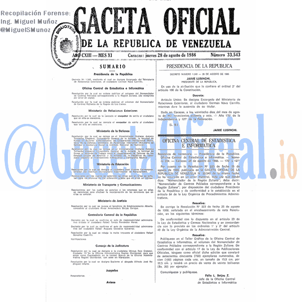 Gaceta Oficial 33543 del 28 Agosto 1986