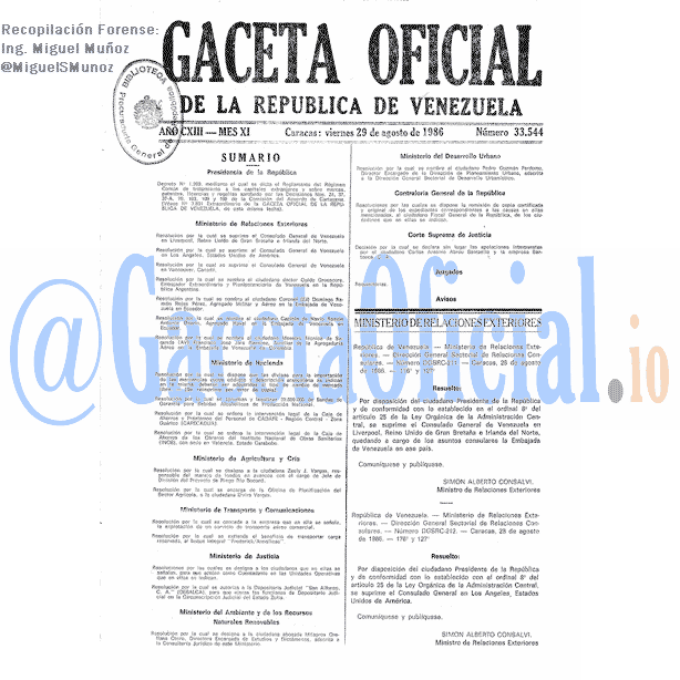 Gaceta Oficial 33544 del 29 Agosto 1986