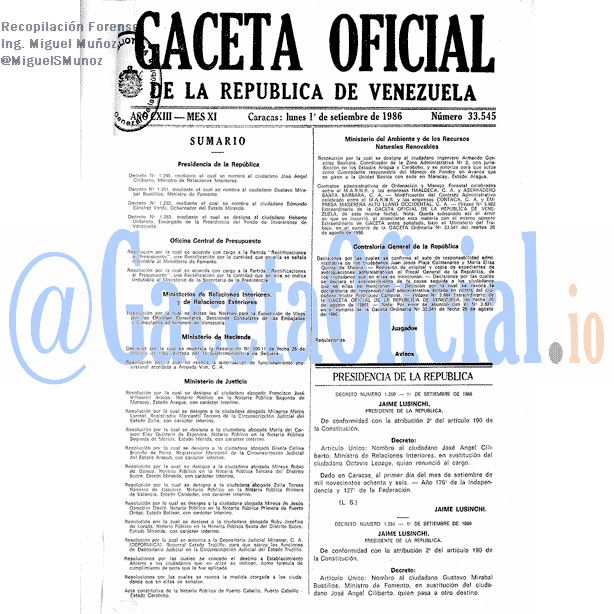 Gaceta Oficial 33545 del 1 Septiembre 1986