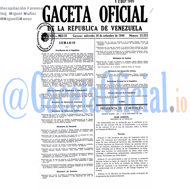 Gaceta Oficial 33552 del 10 Septiembre 1986