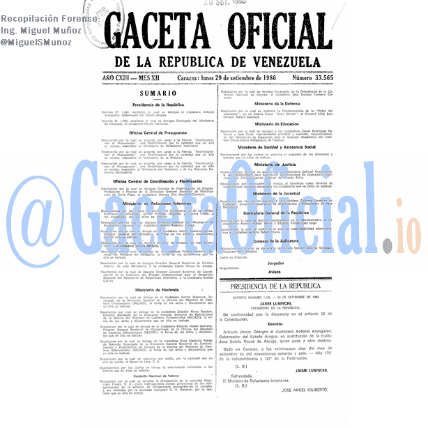 Gaceta Oficial 33565 del 29 Septiembre 1986