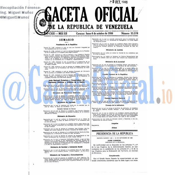Gaceta Oficial 33570 del 6 Octubre 1986