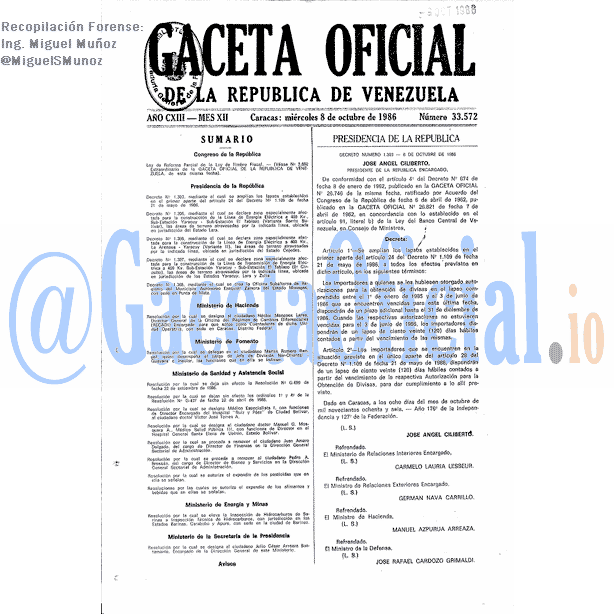 Gaceta Oficial 33572 del 8 Octubre 1986