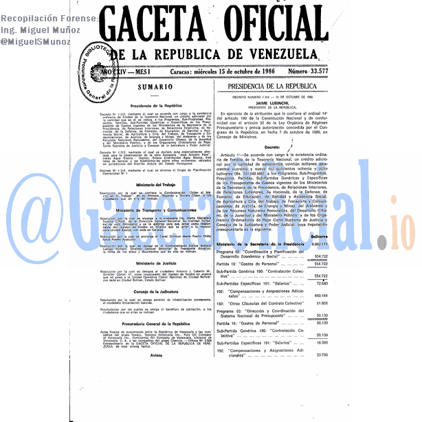 Gaceta Oficial 33577 del 15 Octubre 1986