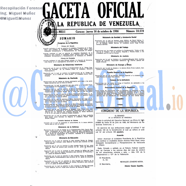 Gaceta Oficial 33578 del 16 Octubre 1986
