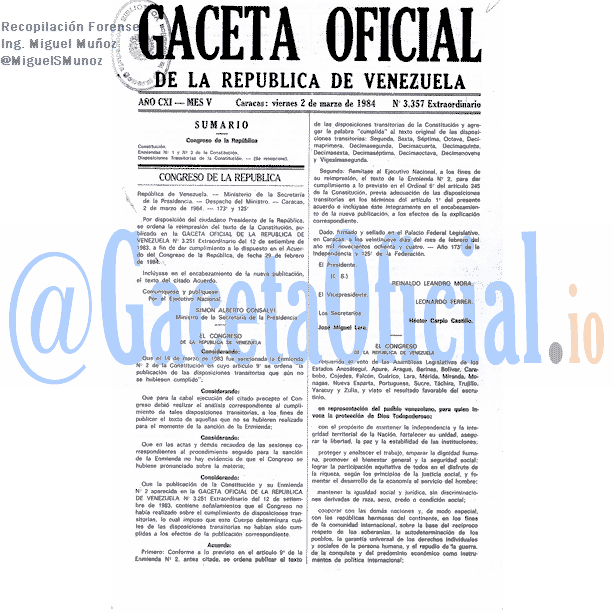 Gaceta Oficial 3357 del 2 Marzo 1984