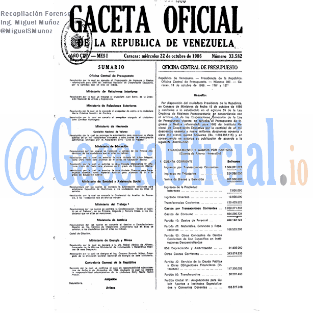 Gaceta Oficial 33582 del 22 Octubre 1986