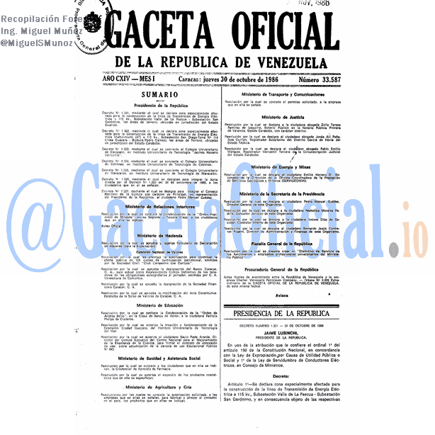Gaceta Oficial 33587 del 30 Octubre 1986